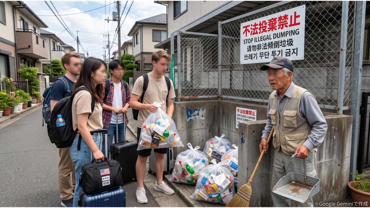 多言語の不法投棄禁止看板があるゴミ集積所で、分別されていないゴミ袋を持った外国人観光客グループと、困惑した様子で立ち尽くす掃除道具を持った近隣住民の男性