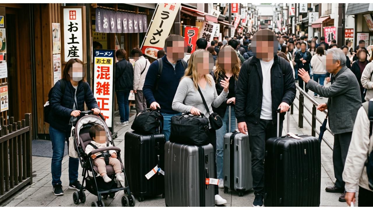 混雑した観光地の狭い歩道で、大きなスーツケースを持つ外国人グループと、通れず困るベビーカーの女性、声をかけようとする日本人男性の様子
