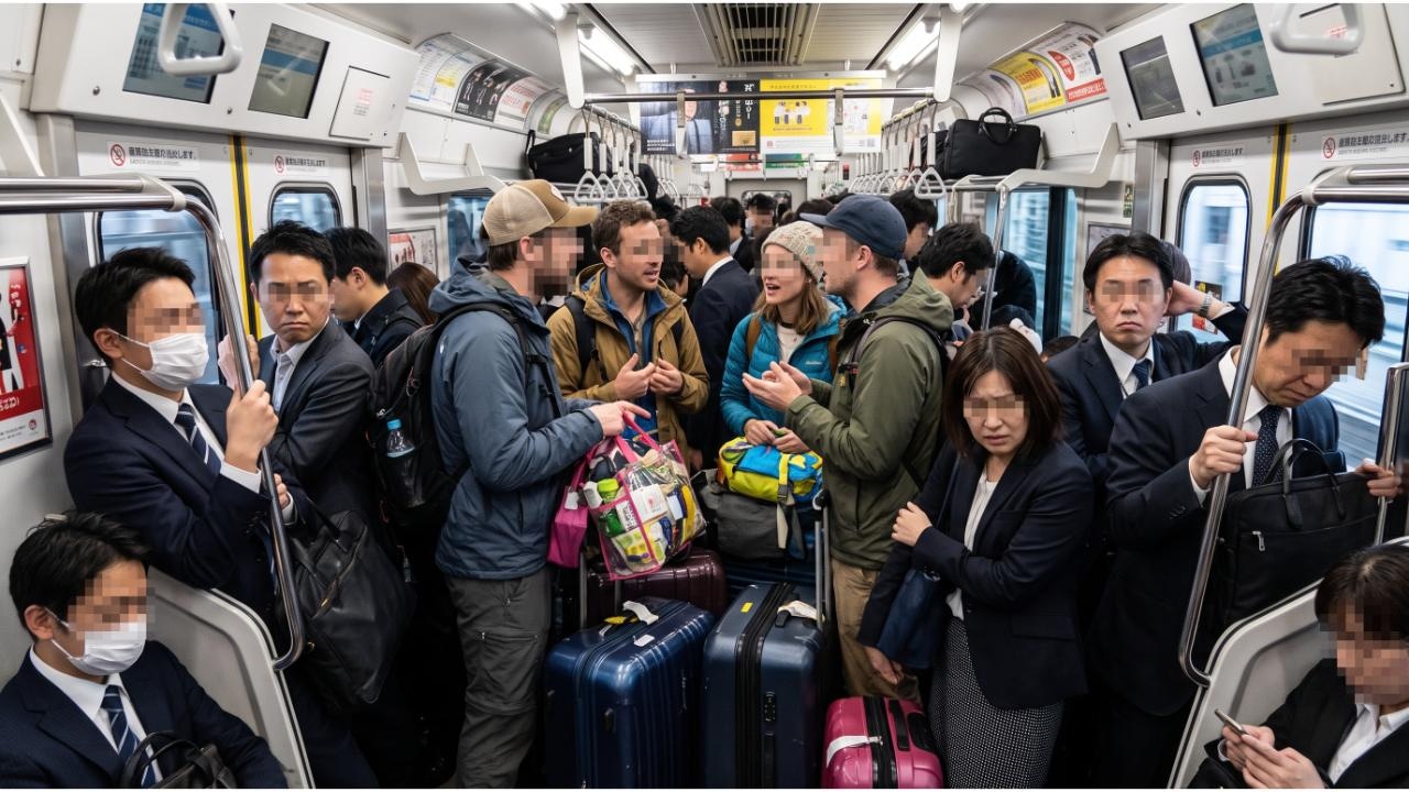満員電車のドア付近に大きなスーツケースを置く外国人グループと、困惑する日本人通勤客。