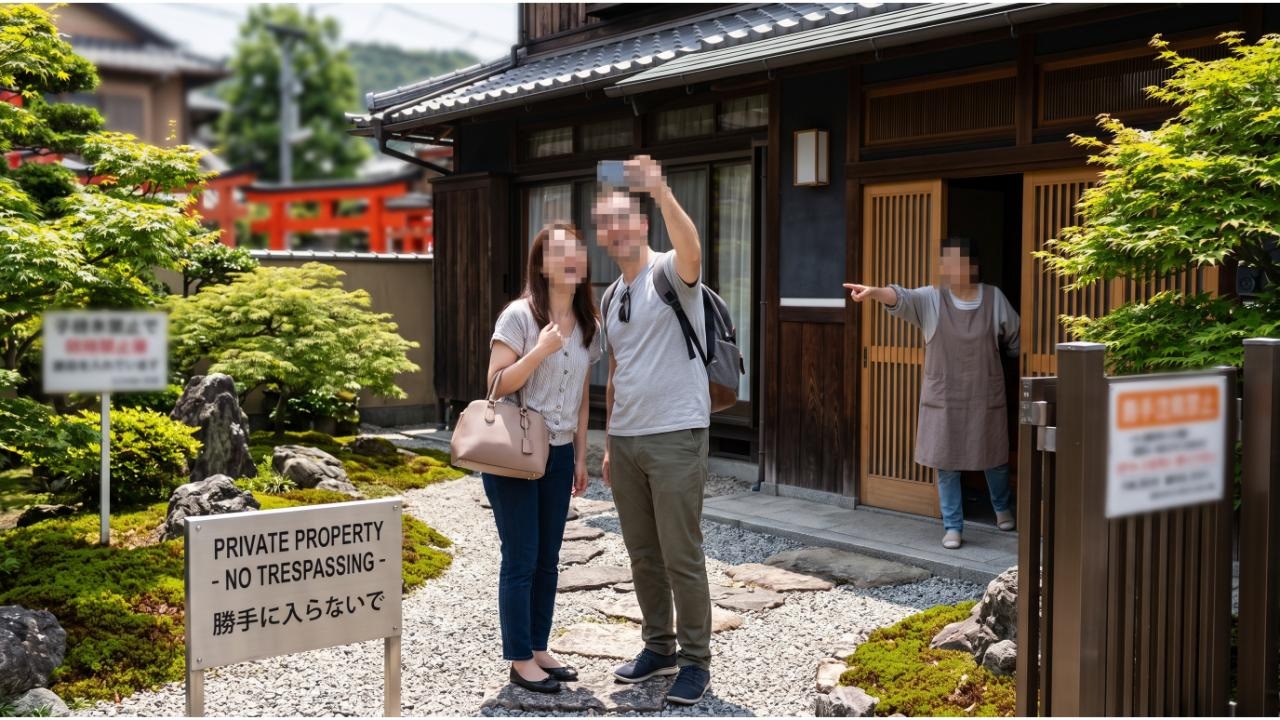 「PRIVATE PROPERTY 勝手に入らないで」と書かれた看板がある民家の敷地内で自撮りをする外国人カップルと、玄関から出てきて注意する住人の女性