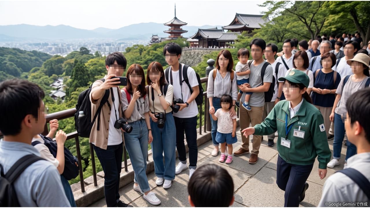 日本の伝統的な寺院の展望台で、自撮りをする若者たちとそれを静観するスタッフや家族連れの様子