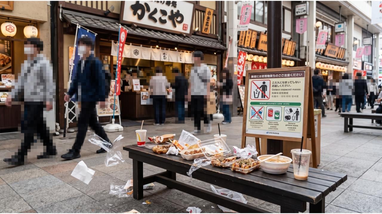 飲食店前のベンチに放置された食べ散らかしのプラスチック容器や飲み残しカップ。横には多言語のゴミマナー案内看板が立てられている。