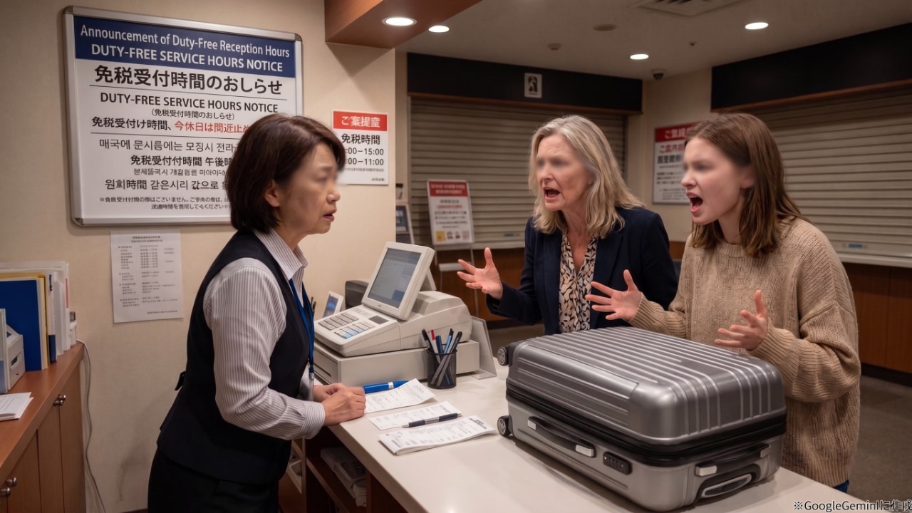 閉店間際の店舗カウンターで、怒鳴る外国人観光客の母娘に冷静に対応する日本人スタッフ