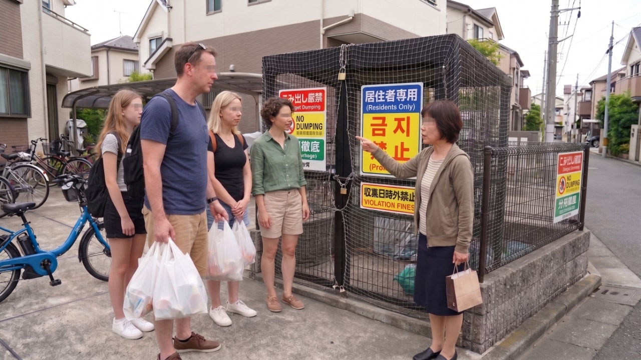 戸建て住宅のごみ置き場で、コンビニのゴミ袋を大量に持つ外国人観光客の家族を、制止する日本人女性住人の様子。