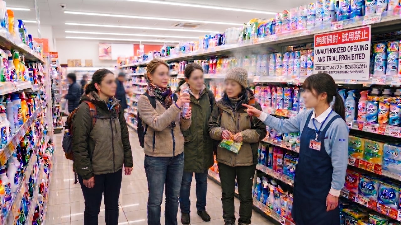 スーパーの売り場で商品を開封しスプレーを噴射する外国人グループと、注意する店員女性