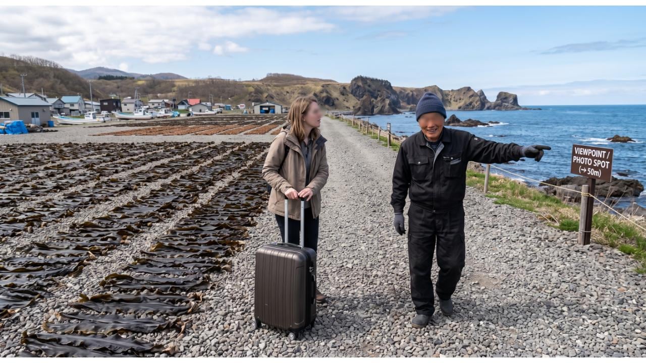 海岸近くの昆布干し場で、スーツケースを持つ外国人観光客に、別の撮影スポットを指さして案内する漁師