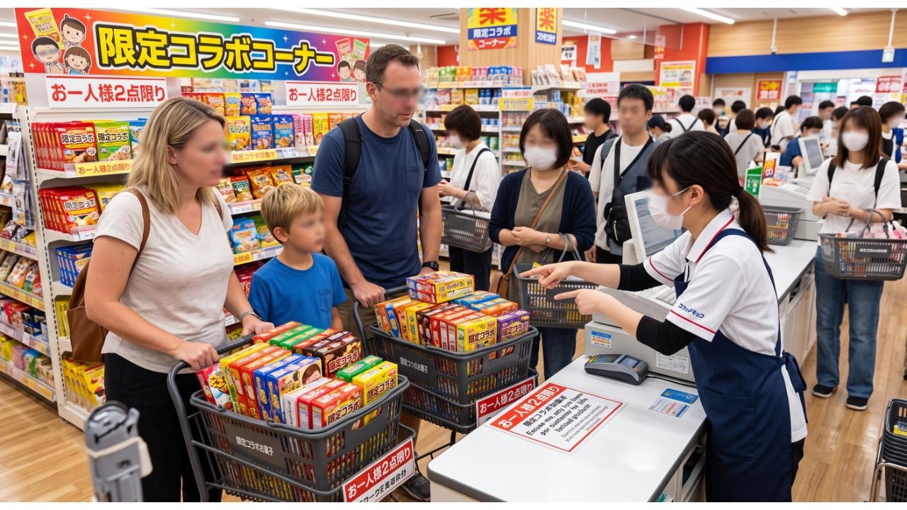 ドラッグストアのレジで、購入制限のあるコラボ商品をカゴいっぱいに持つ外国人ファミリーに対し、店員が数量制限を英語で説明している様子。後ろには順番を待つ客が並んでいる。
