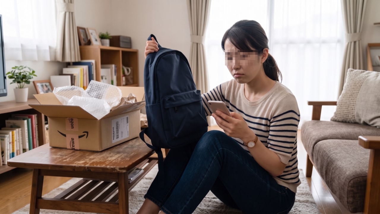開梱した通販のダンボールと届いたリュックを手に持ち、スマートフォンの商品ページと見比べながらリビングで困惑した表情を浮かべる30代女性。