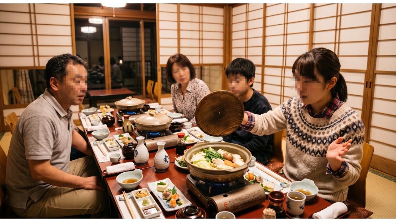 温泉旅館の個室で、提供された一人鍋の蓋を開けて肉が入っていないことに驚く女性と家族。