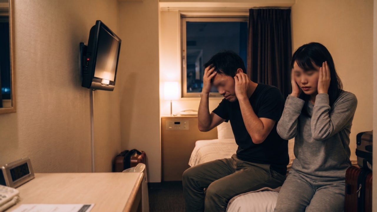 ホテルの客室で、隣の部屋からの騒音に悩み、頭を抱える男性。
