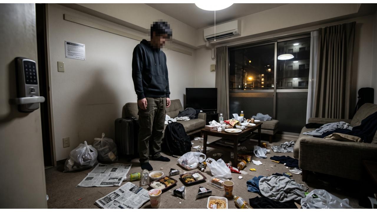 ゴミが散乱する室内で呆然と立ち尽くす男性