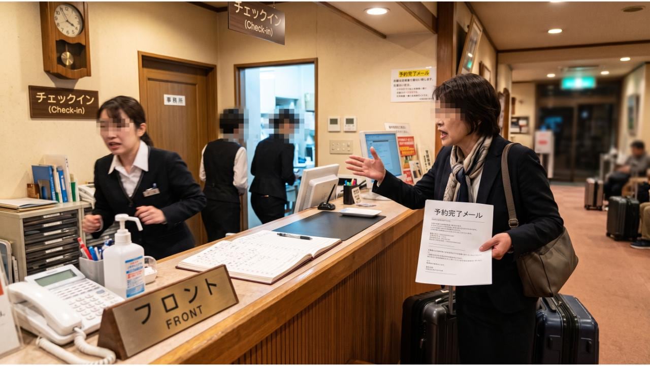 地方ホテルのフロントで予約完了メールの印刷用紙を手に行き違いに激怒する出張中の女性客と困惑するスタッフ