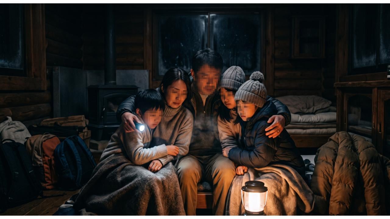 真冬の山奥にある暗い木造の一軒家で、懐中電灯やランタンの明かりのもと、毛布をかぶり肩を寄せ合って暖をとる家族。