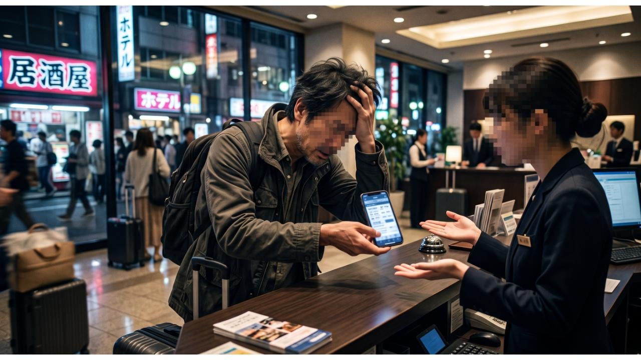 夜のホテルカウンターでスマホ画面を見せながら頭を抱えて困惑する男性客と対応するスタッフ