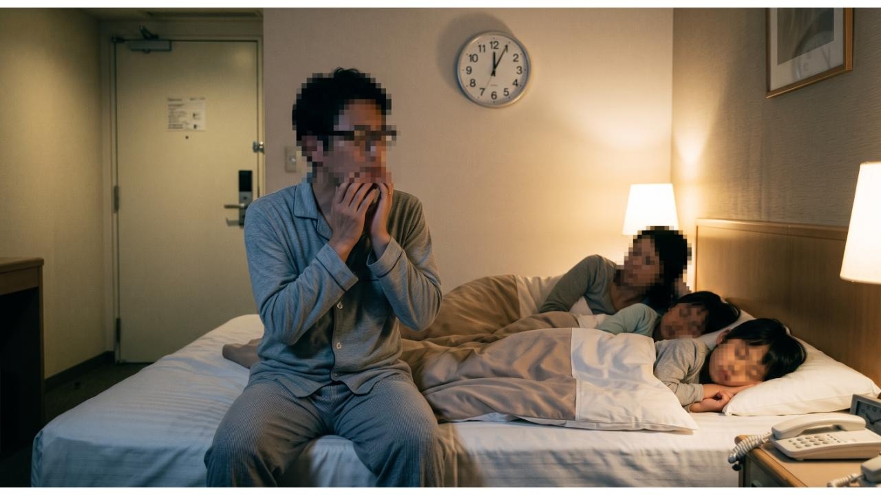 深夜のホテル客室で、周囲の騒音に困惑した表情で時計を見上げる男性とベッドで過ごす家族の様子
