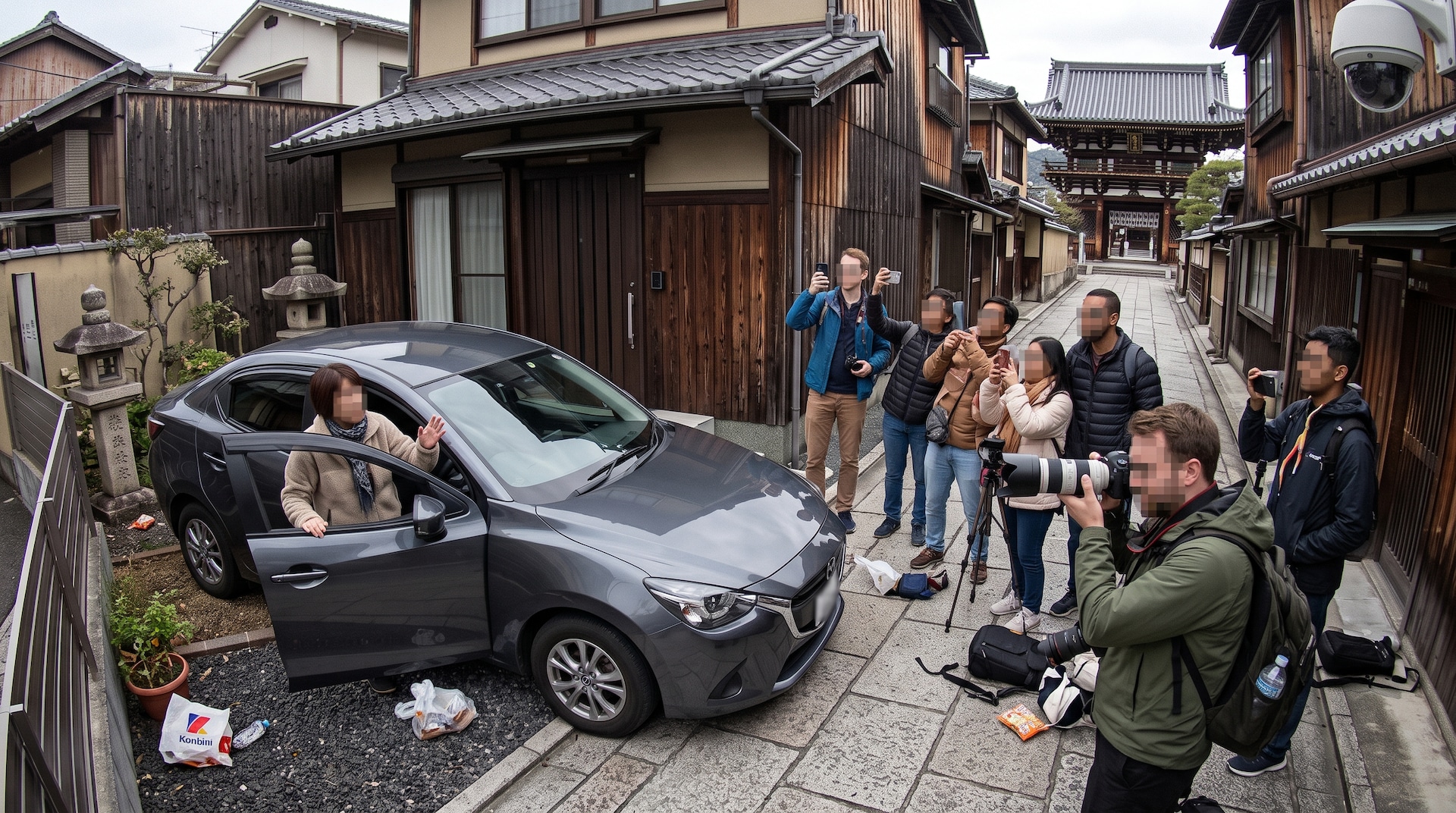 日本の古い町並みで、車から降りた女性に大勢の観光客が群がっている