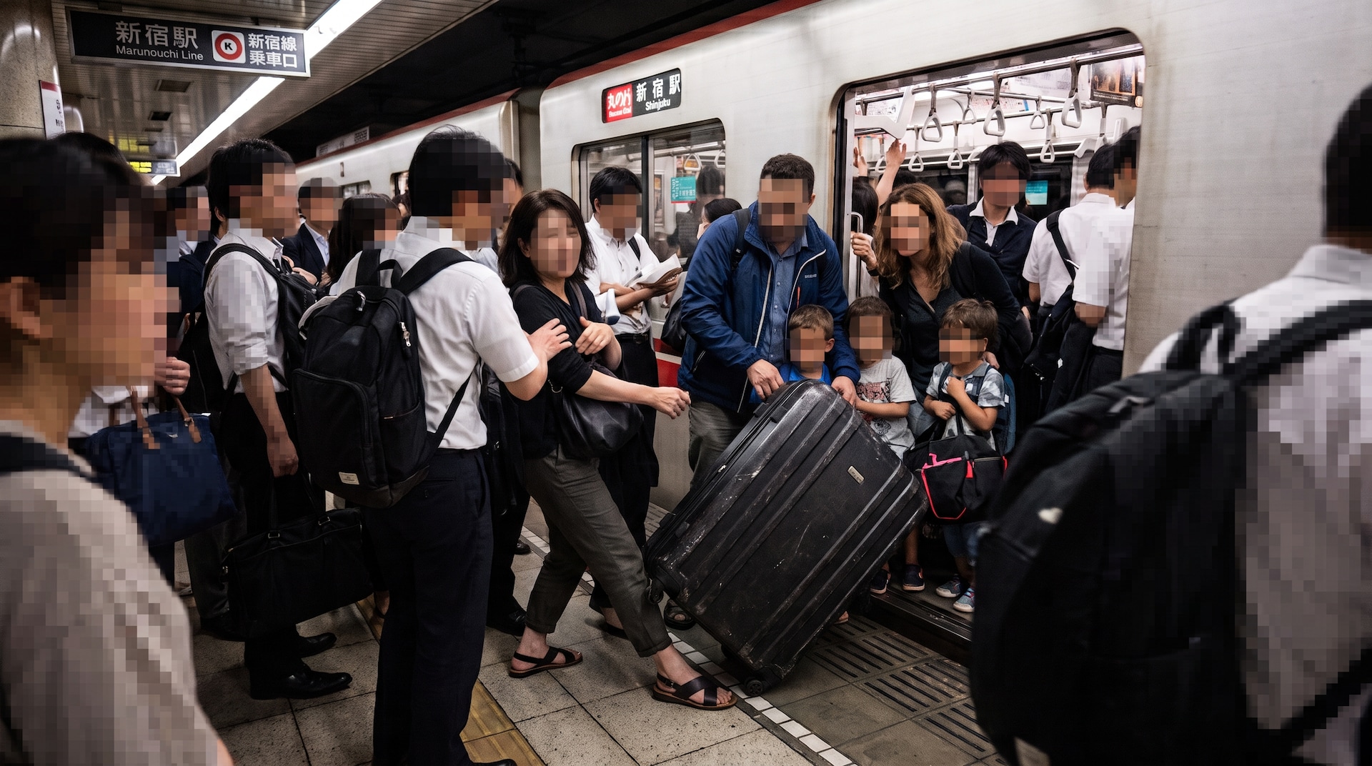 混雑する新宿駅の地下鉄ホームで、大きなスーツケースを持った家族とトラブルになっている女性