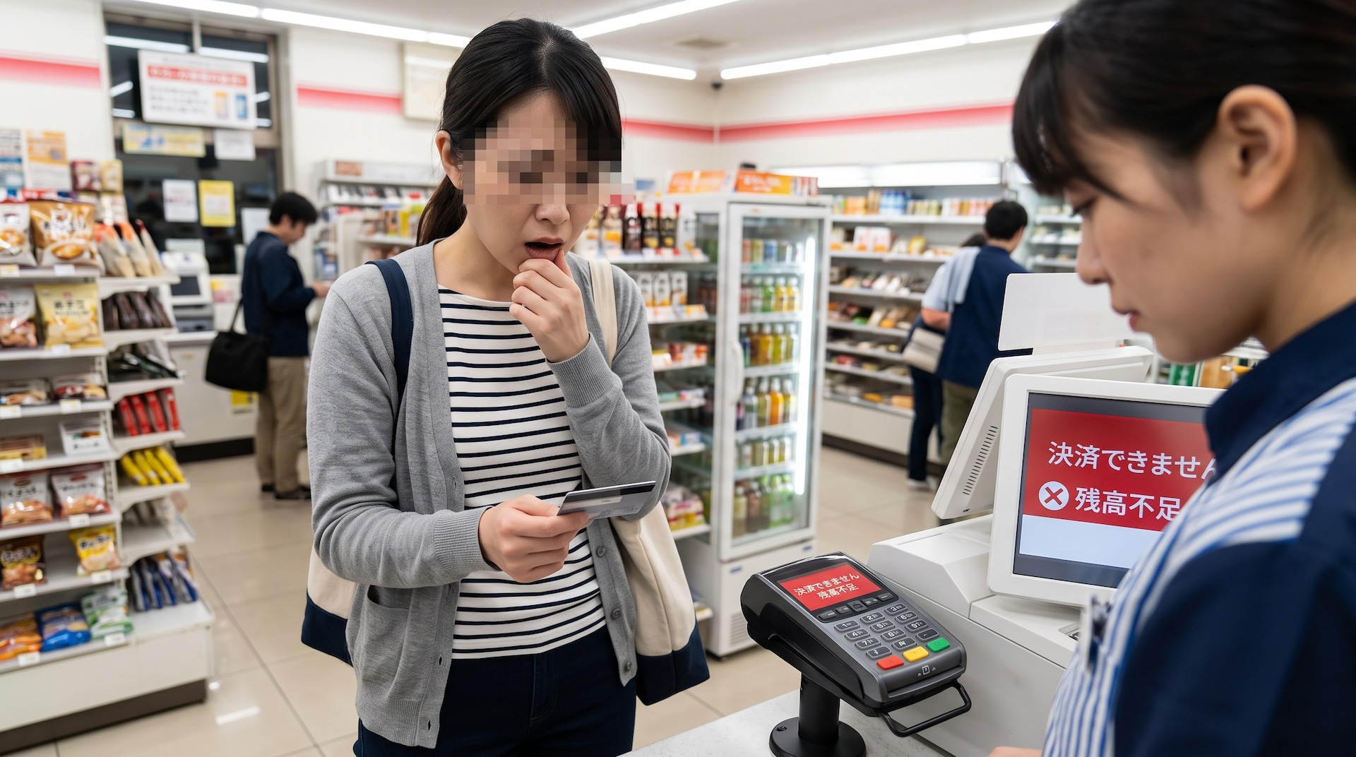 コンビニのレジでクレジットカードを手に、エラー画面を見て驚く女性。
