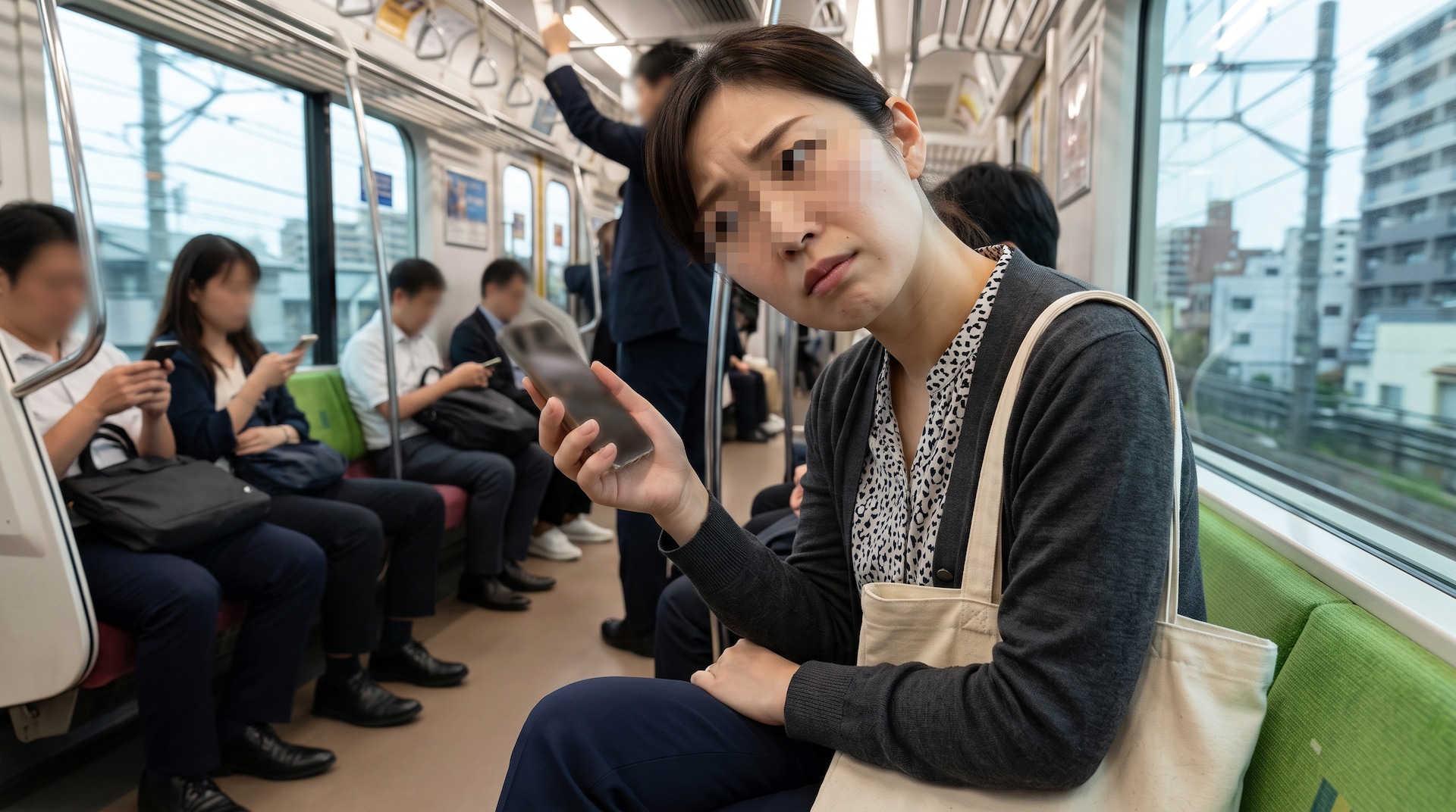 走行中の電車内で、スマートフォンを手に、不安そうな表情で画面を見つめる女性。