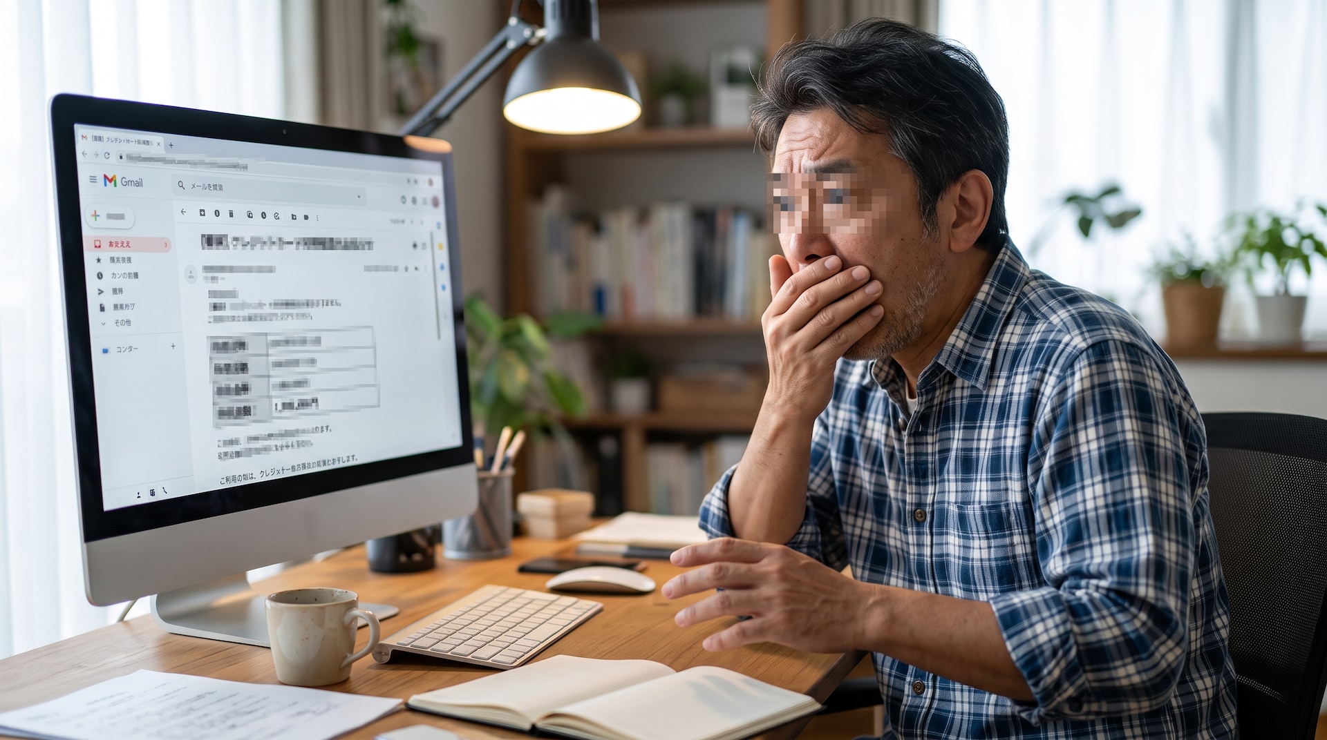 パソコン画面を見て驚いた表情で口元を押さえる男性。