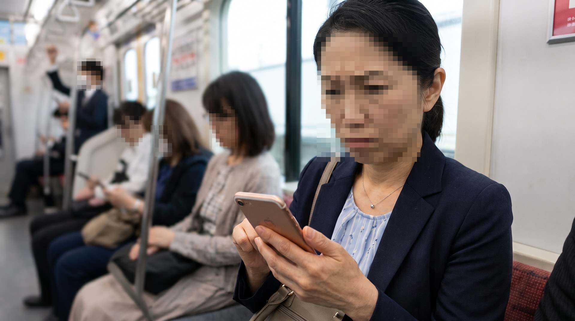 電車内でスマートフォンを真剣な表情で操作する女性と、周囲に乗客が座っている様子。
