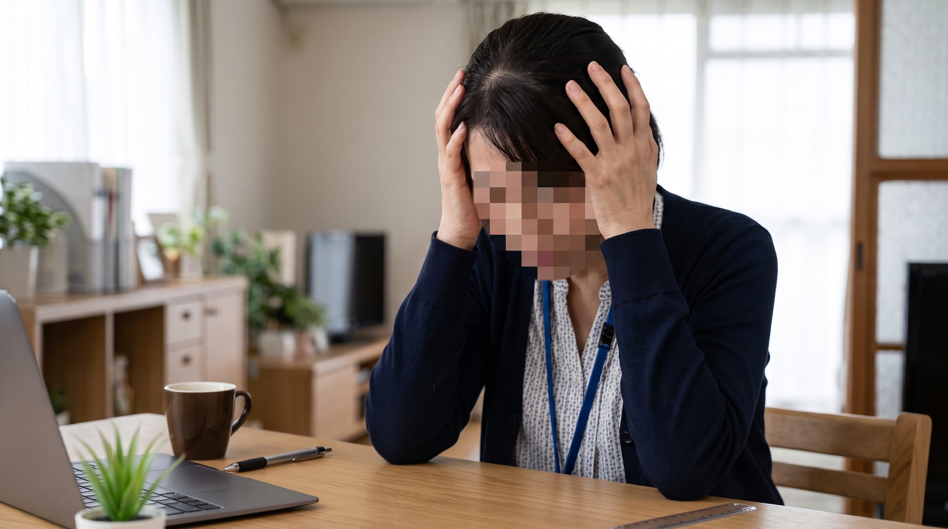 机に両手を置いて頭を抱え、ひどく落ち込んでいる女性の様子。