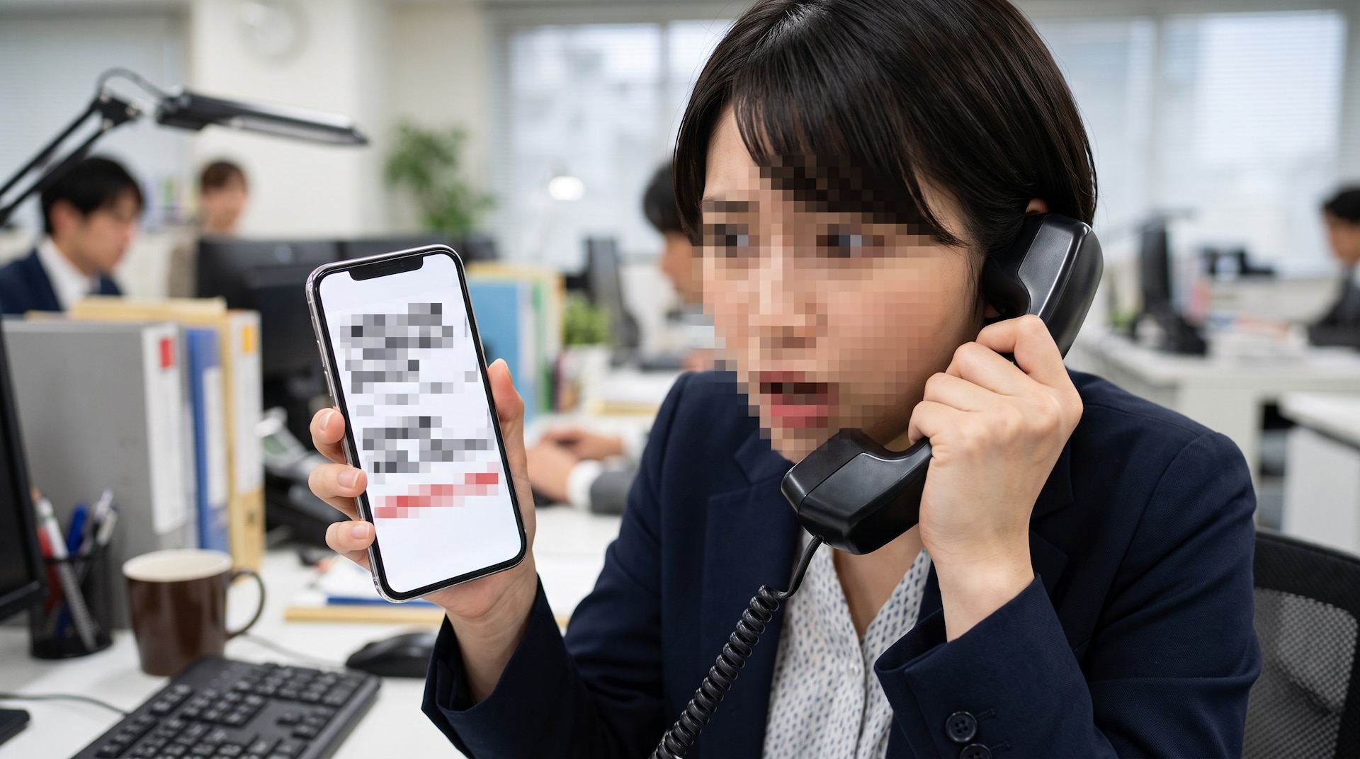 オフィスで受話器を耳に当て、スマートフォンを手に、不安そうな表情で画面を見つめる女性。