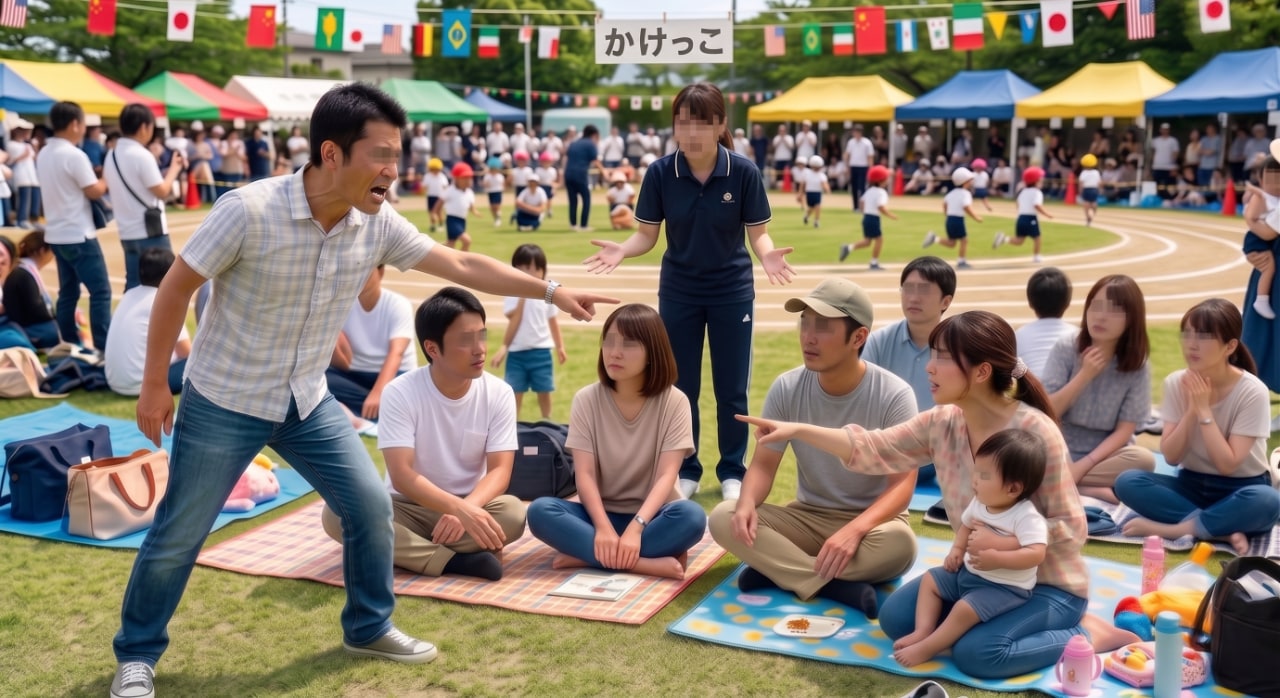 保育園の運動会会場で、観覧エリアの指定席を巡り意見を言い合う保護者たちと困惑する保育士の様子。