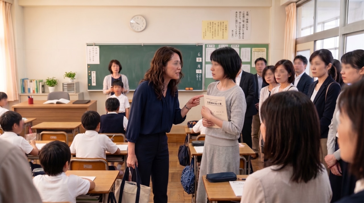 小学校の教室で行われている授業参観の最中に、不満げな表情で別の保護者に詰め寄る女性保護者の様子。
