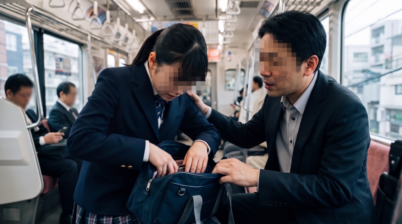 電車内でカバンの中を焦って探す女子生徒と、側に寄り添い親身に対応する先生