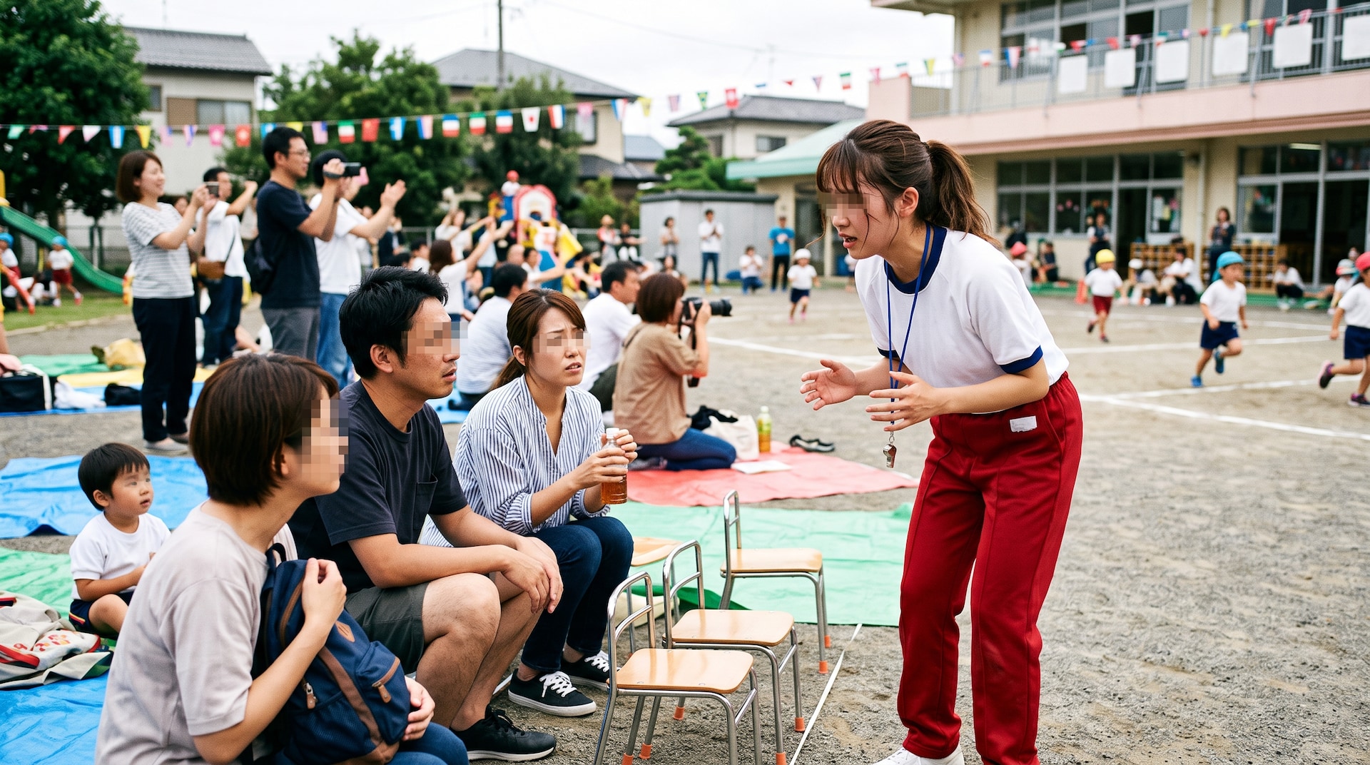 幼稚園の運動会で、保護者の前で身振り手振りを交えて熱心に話す若い女性教諭