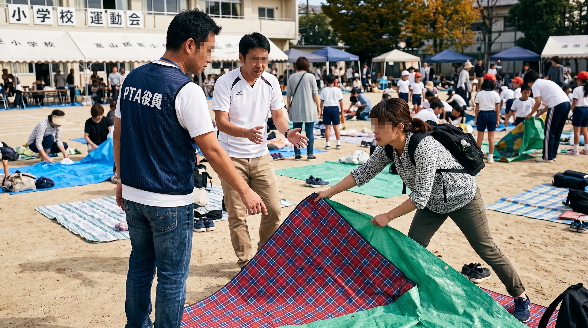 小学校のグラウンドで、「PTA役員」のビブスを着た男性が、レジャーシートを広げる男性と女性の間に入って話をしている様子