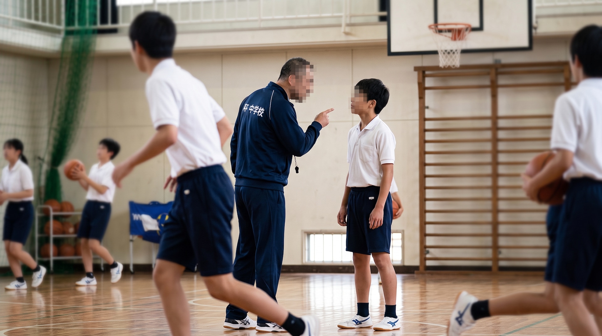 学校の体育館で、男子生徒に厳しく指導する男性教諭と、その様子を見守る他の生徒たち
