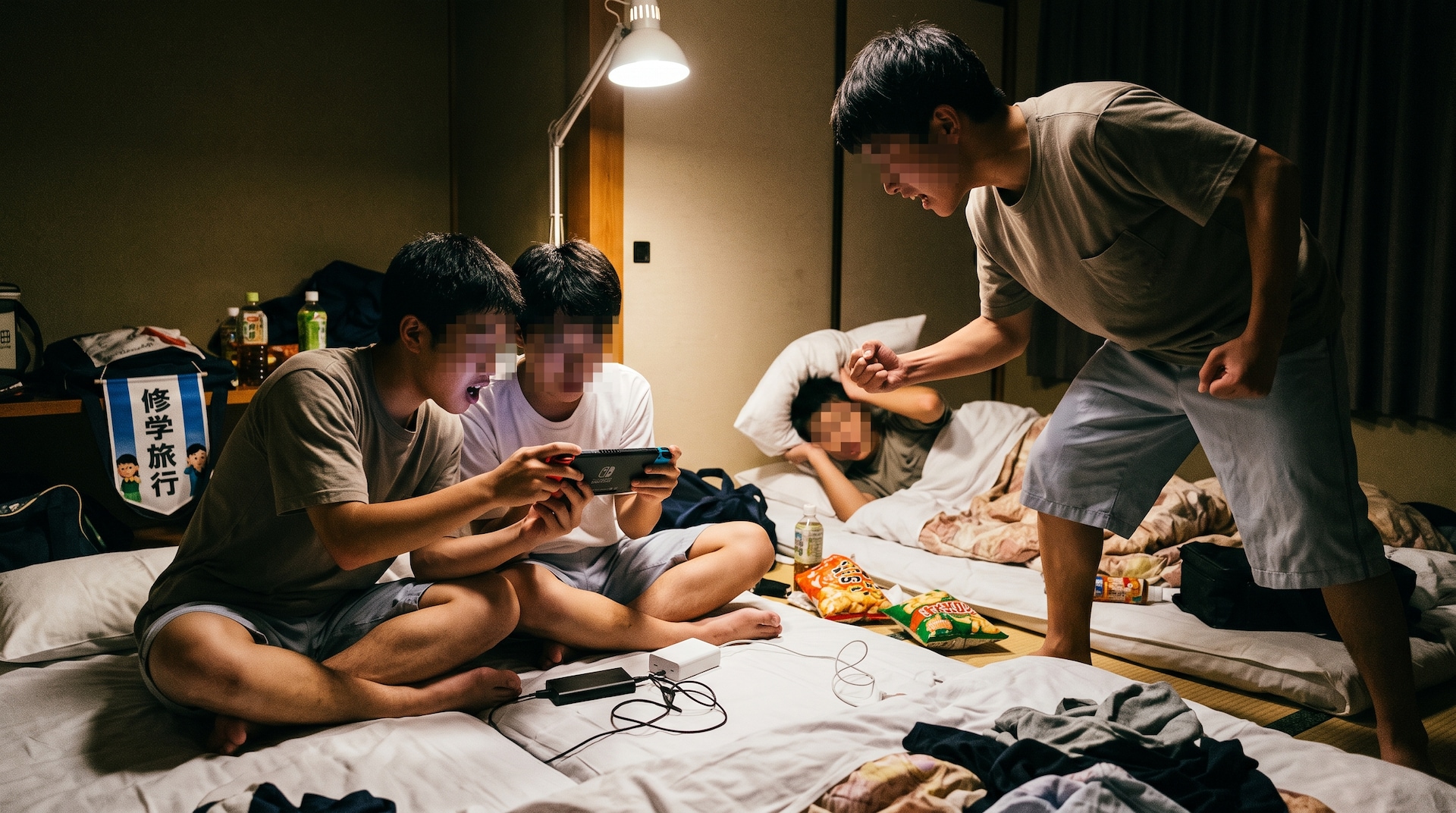 修学旅行先の客室で夜間にゲームをする2人の男子生徒と、横で拳を握り憤慨する男子生徒