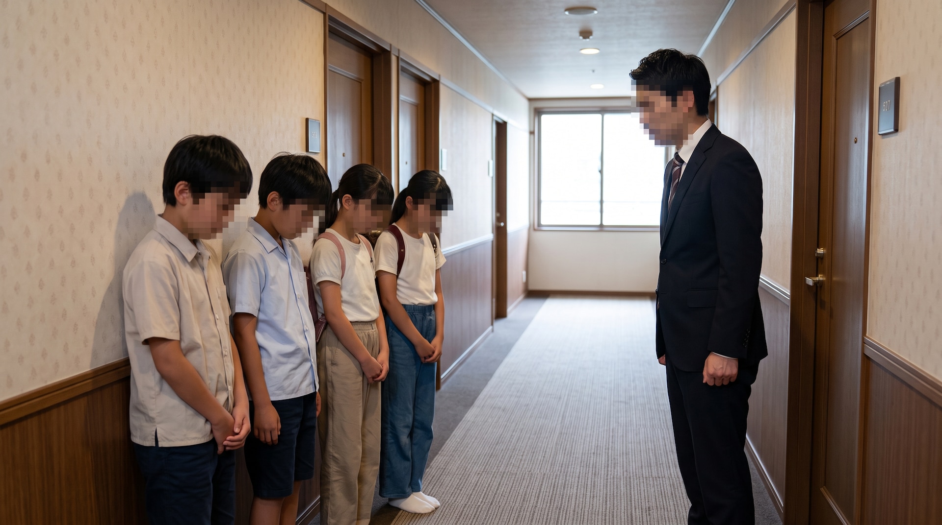 ホテルの廊下で、男性教師に叱責され、うつむいて並ぶ4人の小学生