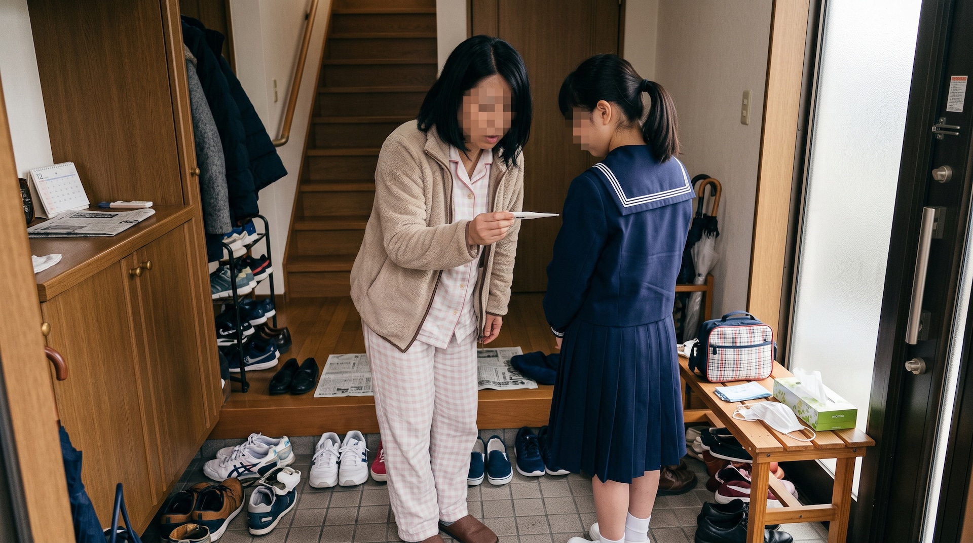 朝の玄関で体温計を覗き込む母親と制服姿の女子中学生