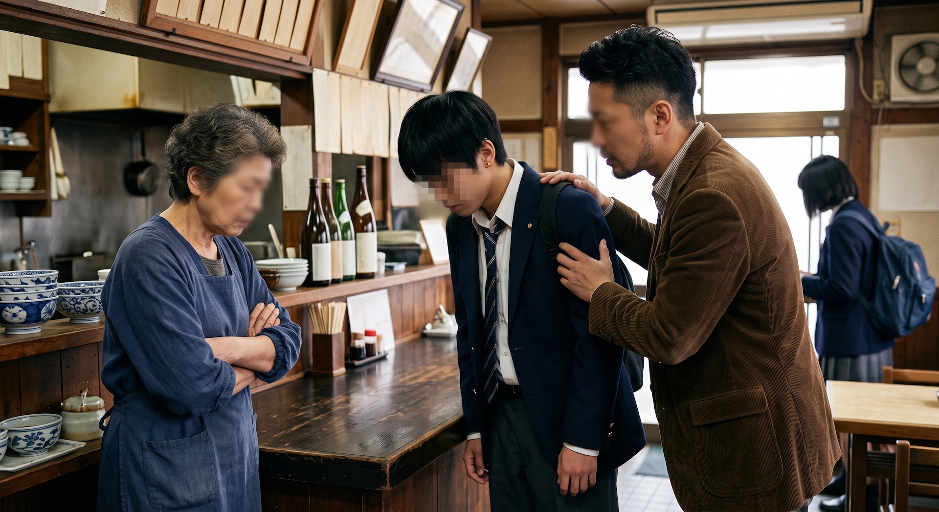 飲食店内で腕を組み厳しく対応する店主と、俯く男子高校生に寄り添う教員