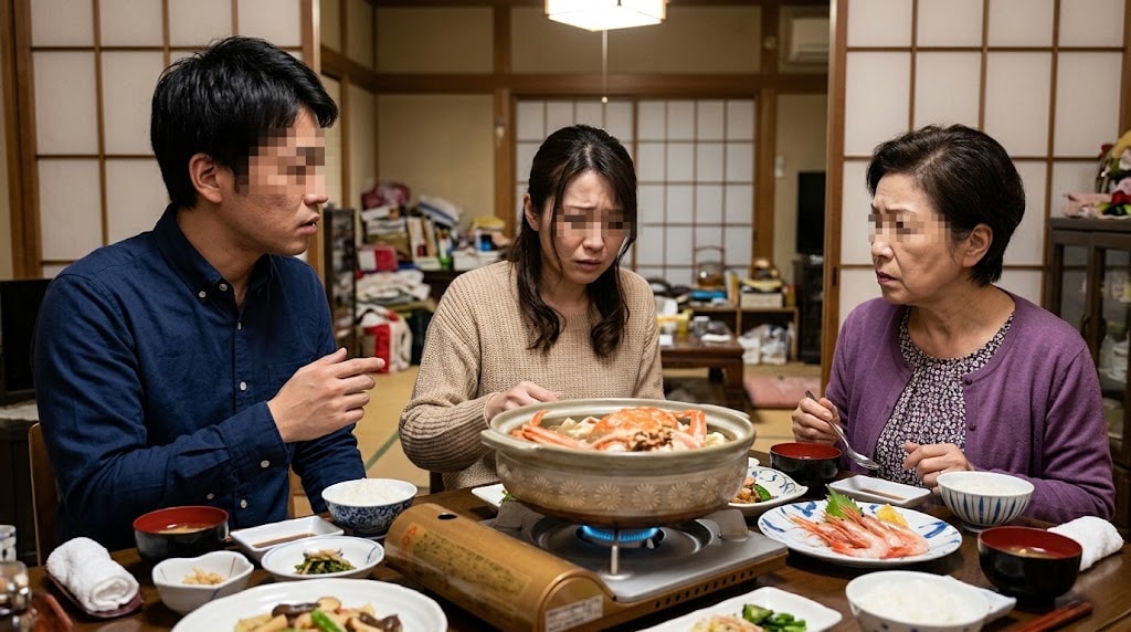 カニ鍋やエビの刺身が並ぶ食卓で困惑する女性と気まずい表情で見つめ合う夫と義母