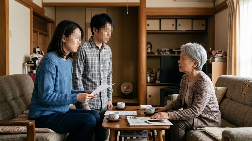 リビングでメモを手に持ち、予定について義母と話し合う夫婦
