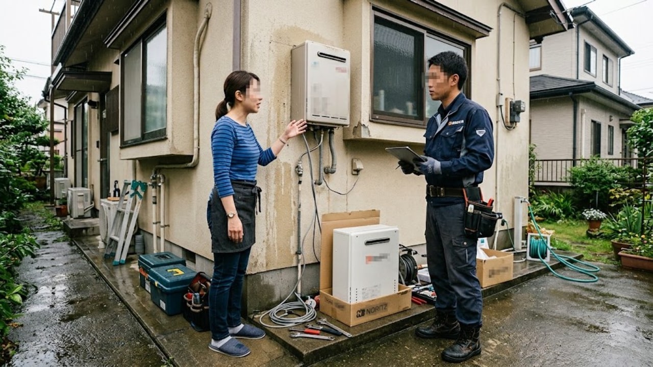 大雨で給湯器が漏電故障!銭湯利用と翌日交換工事で解決