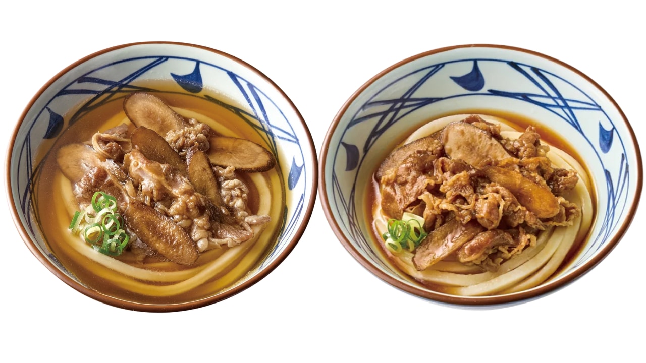 『肉ごぼううどん(左)』『肉ごぼうぶっかけうどん(→)』