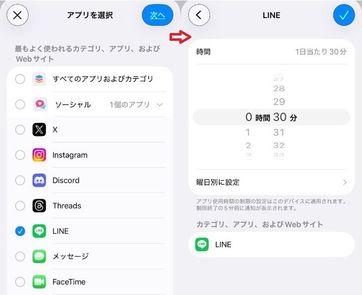 カテゴリ一覧から「ソーシャル」を展開し、「LINE」にチェックを入れて次へ進みます。