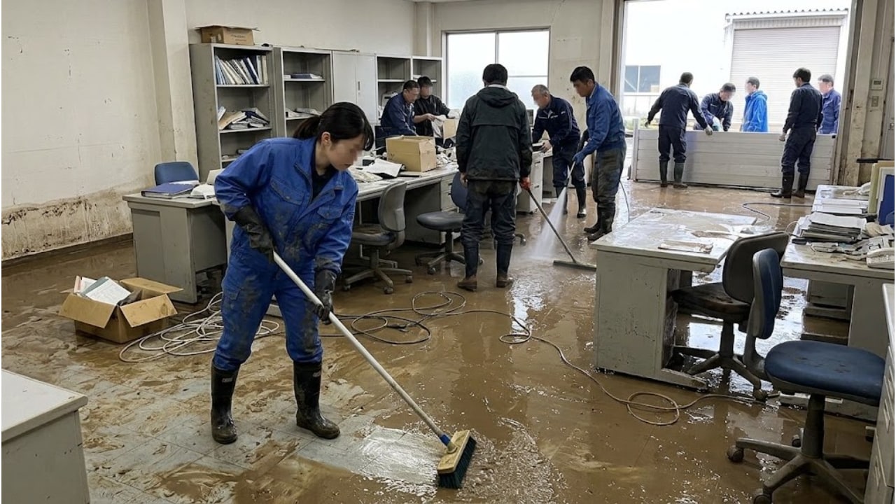 ゲリラ豪雨で会社が床上浸水！社員全員で清掃・復旧したエピソード