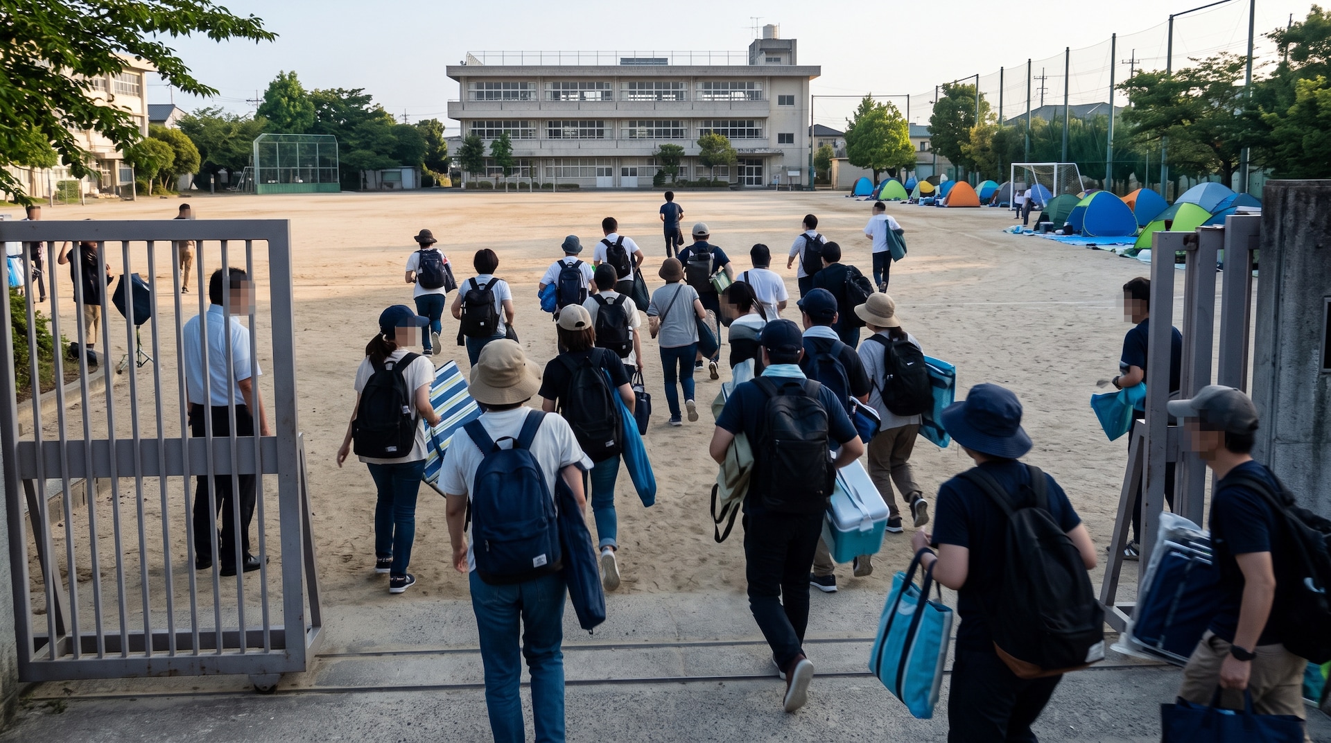 運動会の日の朝、開いた校門から小学校のグラウンドへ一斉になだれ込む保護者たちの姿
