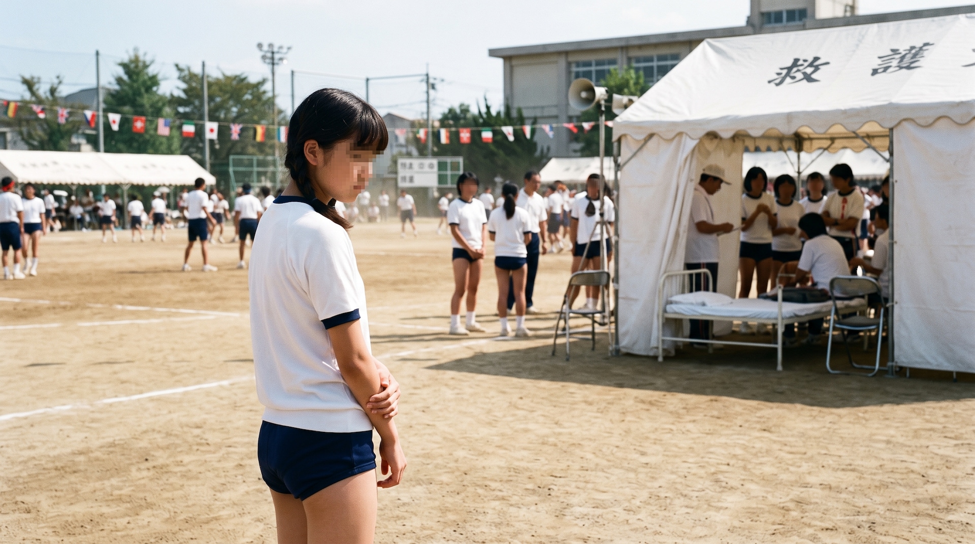 体育祭のグラウンド脇で救護テントを見つめ、不安そうにたたずむ体操服姿の女子中学生