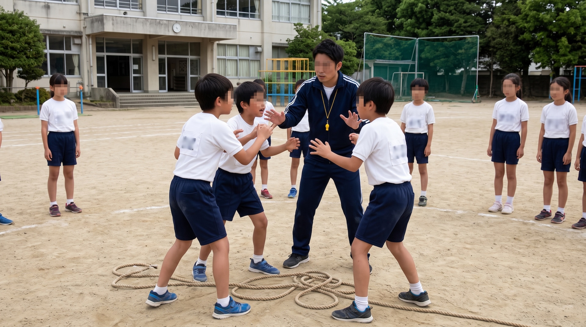小学校のグラウンドで、大縄跳びの繩を前に言い争う体操服姿の男子児童たちと、間に入って仲裁に入る男性教員。