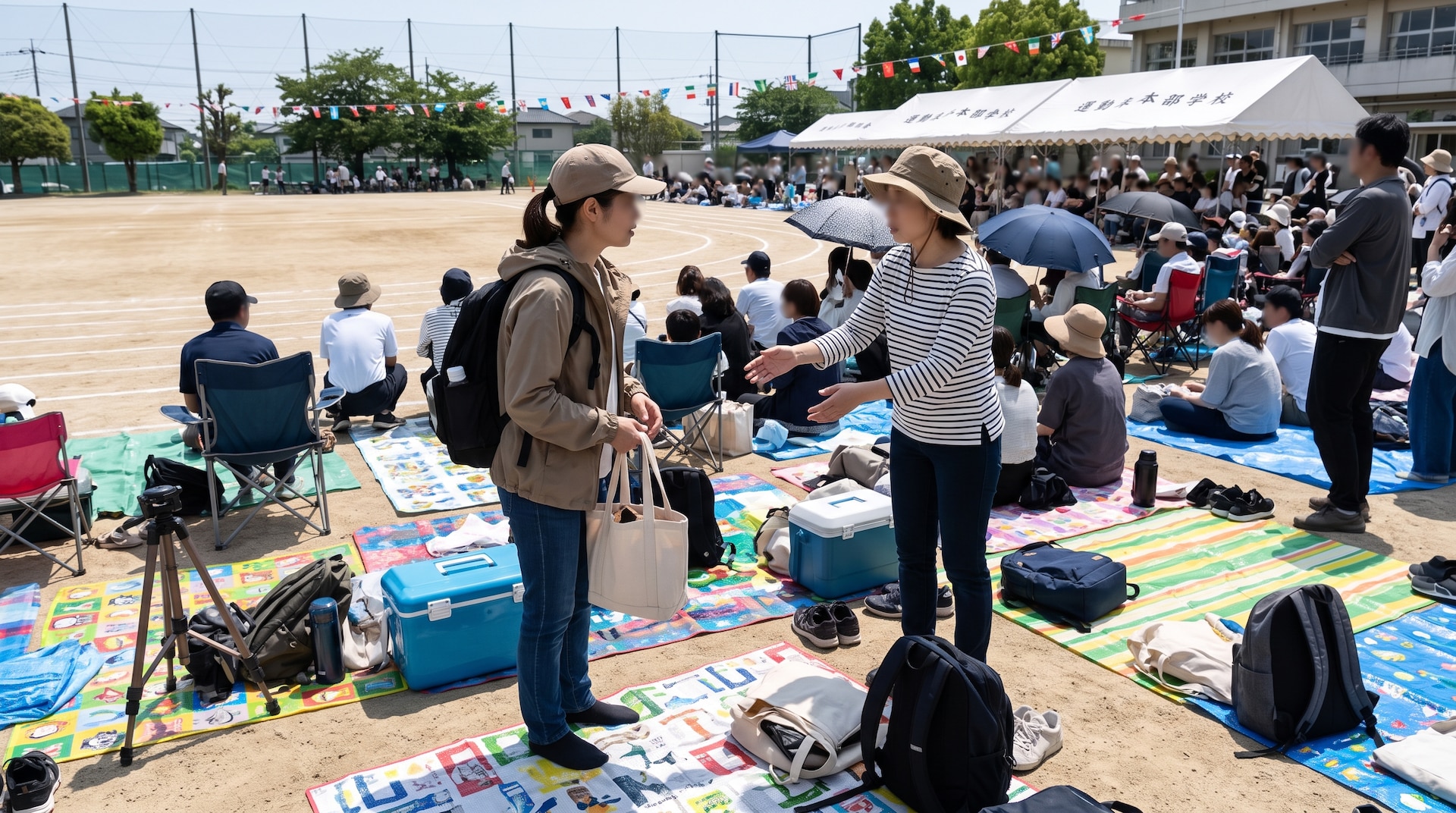 晴天の小学校運動会で、レジャーシートの場所取りエリアに立ち、バッグなどの荷物を持って陣取ろうとしている女性と、その前で困惑しながらも穏やかに手を差し伸べて対話する別の女性。周囲にはシートや荷物がひしめき合っている。