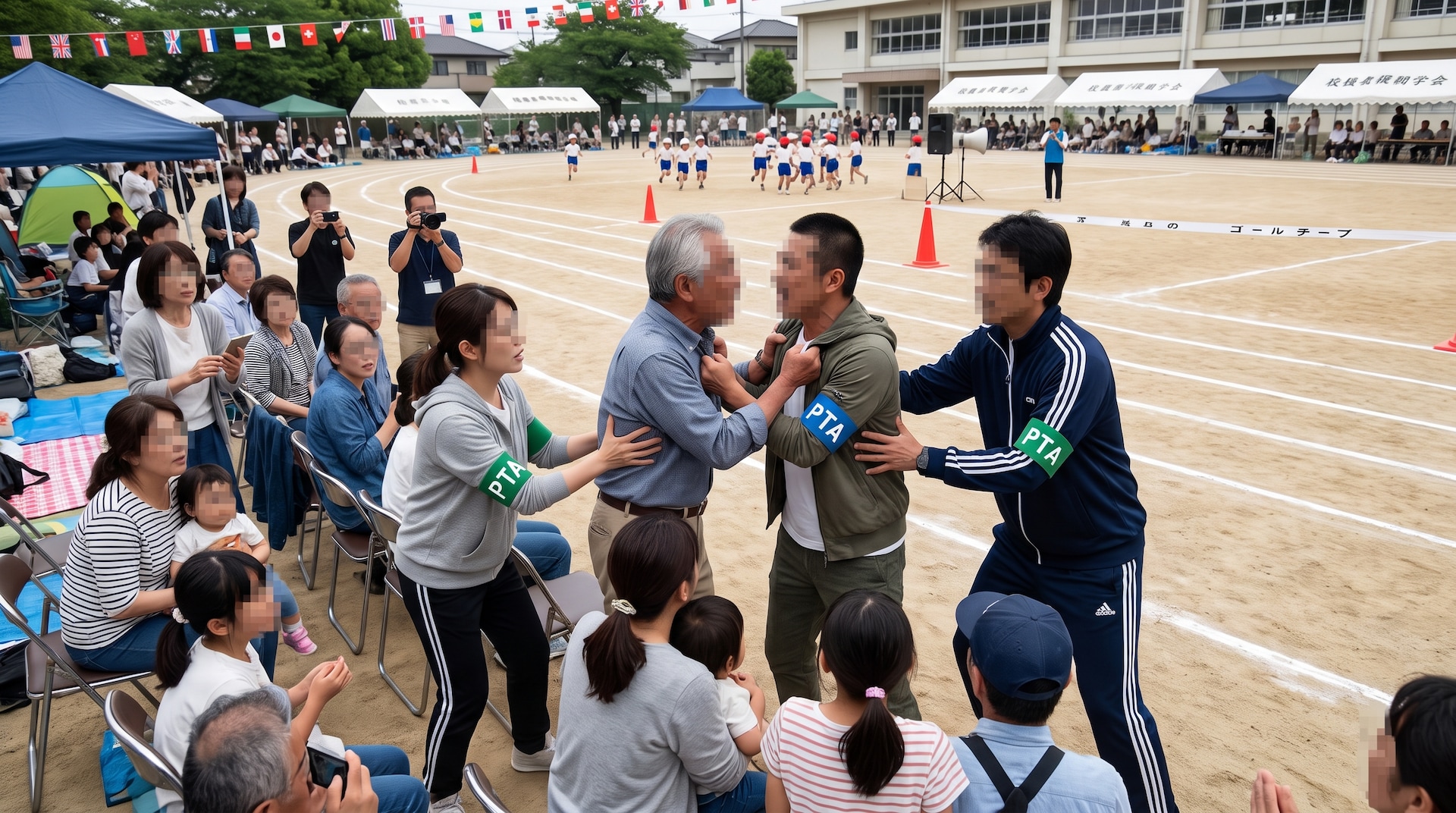 小学校の運動会の観覧席で、2人の男性が胸倉を掴み合って言い争う中、PTAの役員たちが必死に止めに入っている緊迫した場面