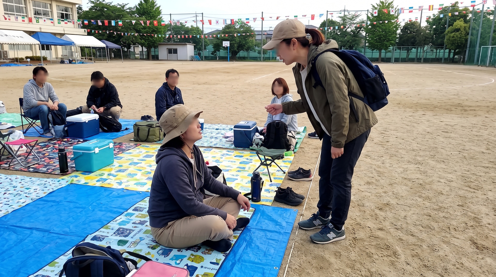 運動会のグラウンドで、敷かれたレジャーシートに座る女性に立ったまま話しかける別の女性と、周囲で見守る保護者たち。