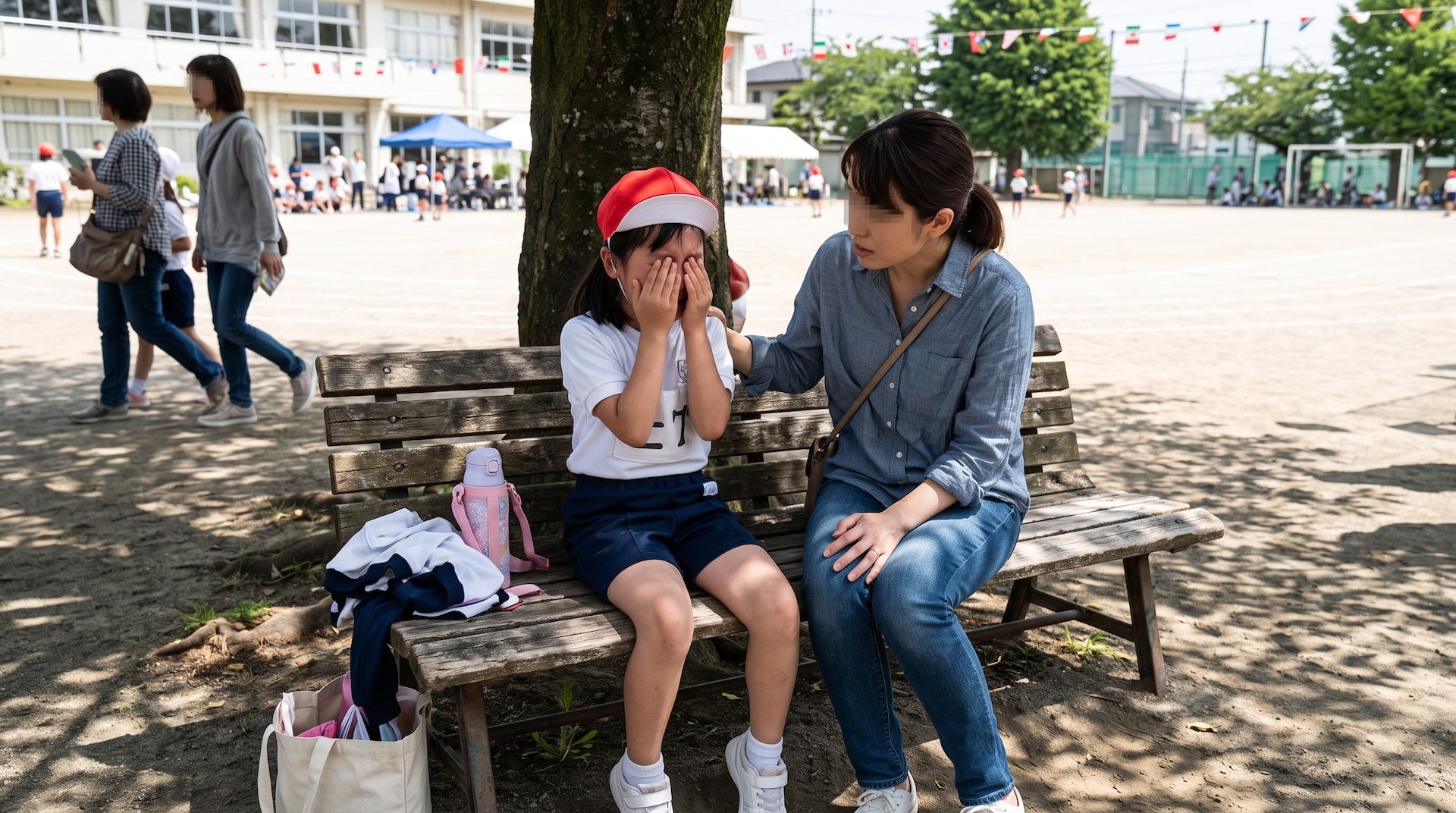 小さな女の子と、隣で心配そうに寄り添い、優しく背中に手を添えて話しかける母親。